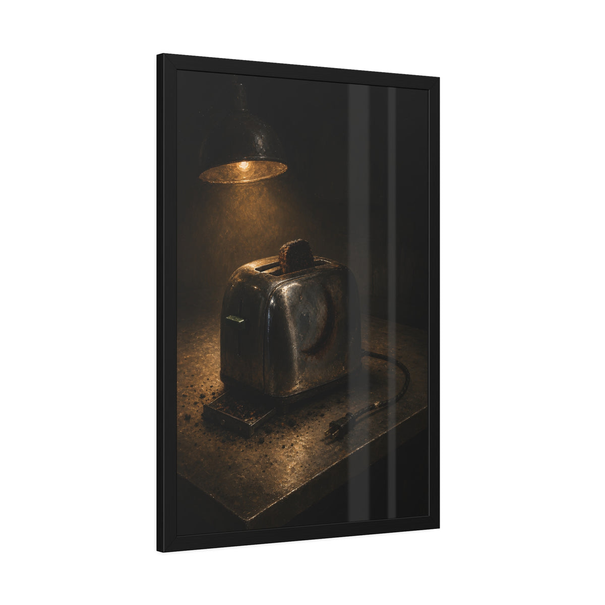 A scorched toaster under a work lamp, burnt toast standing in its slot. The Table of Examination by Garabaggio, framed fine art print hanging in a room.
