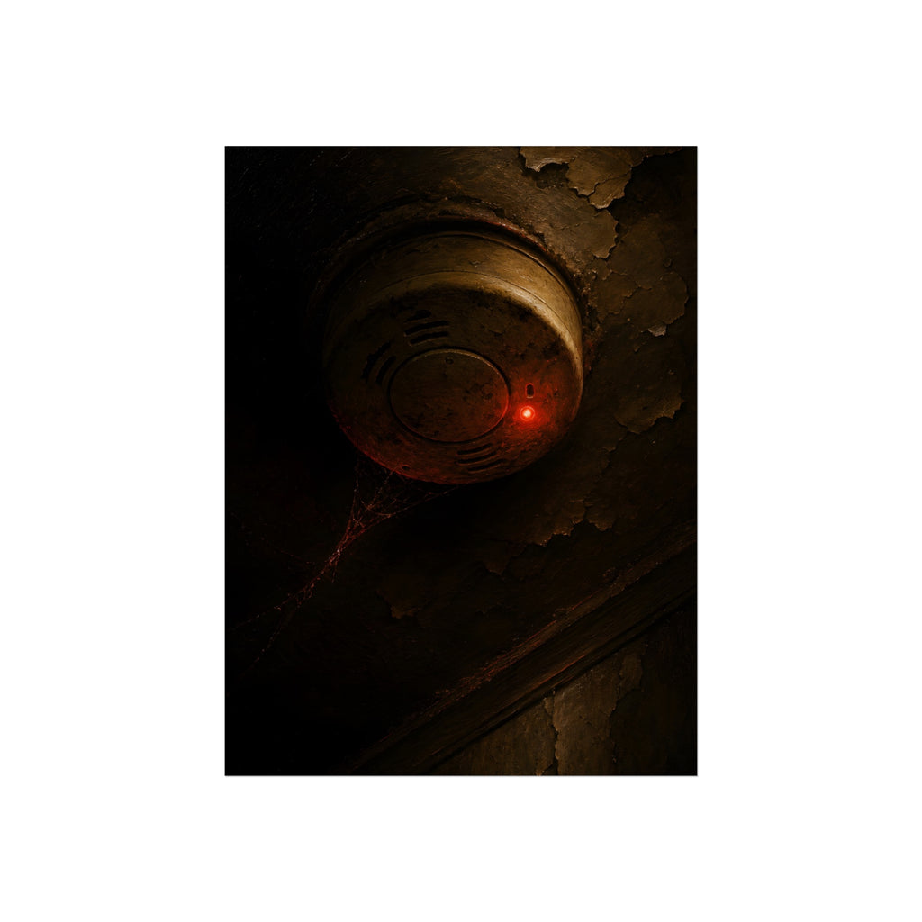 A smoke detector with a red light on a peeling ceiling, cobwebs beneath. The Chirp at Three Forty by Garabaggio, fine art print, 12″ x 16″.