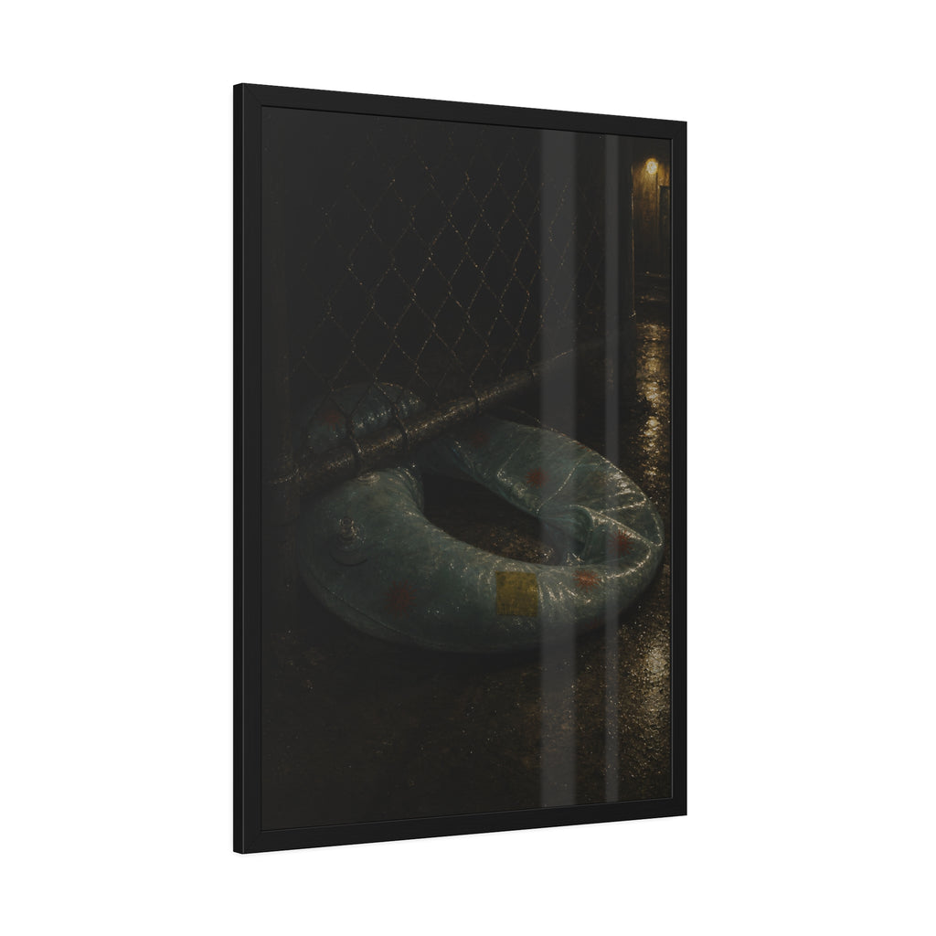 A deflated ring float pushed under a chain link fence in a wet alley. The Escape Beneath the Fence by Garabaggio, framed fine art print hanging in a room.
