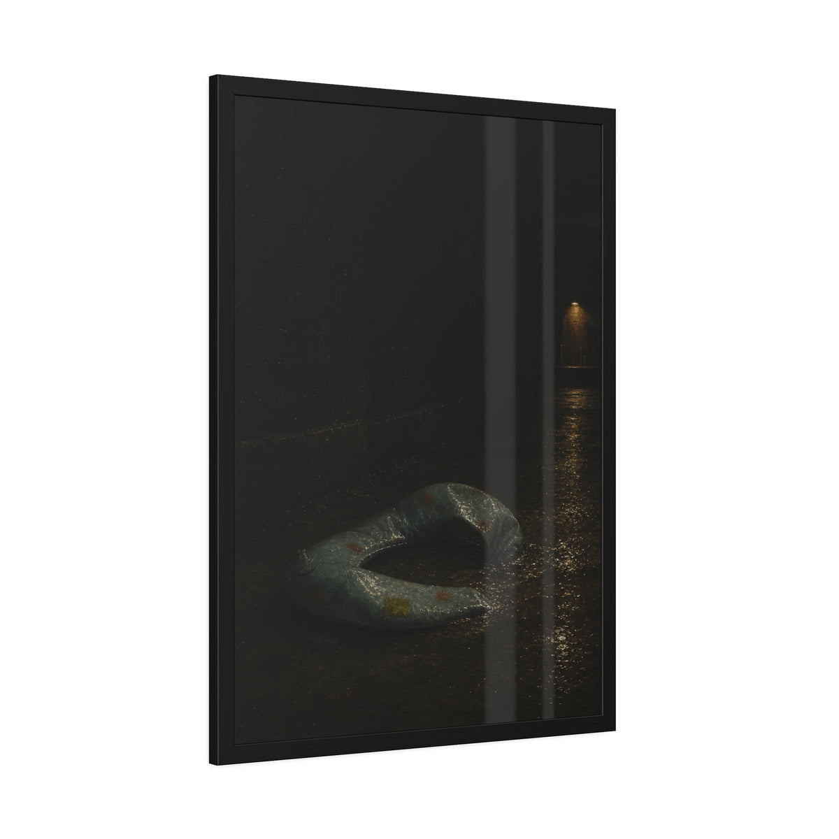 A deflated pool float ring on wet alley pavement, a lit doorway far behind. The Crossing of the Alley by Garabaggio, framed fine art print hanging in a room.