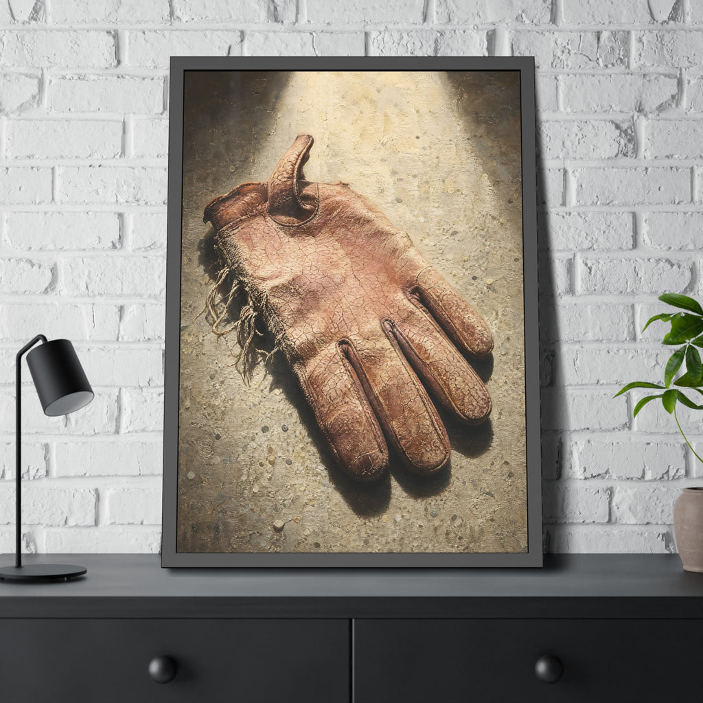 A cracked leather work glove lying on bright sunlit concrete. The Bleaching, Study of a Sun-Tired Glove by Garabaggio, framed fine art print hanging in a room.