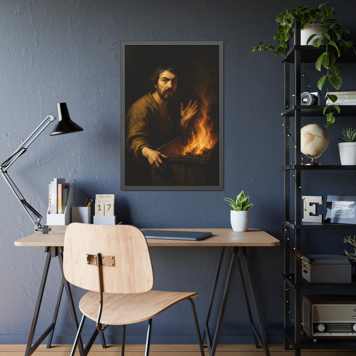 Man gripping the edge of a burning dumpster with one hand raised. Self-Portrait at 3:40 AM by Garabaggio, framed fine art print hanging in a room.