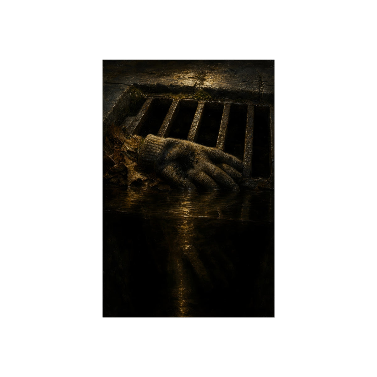 A single work glove on a storm drain grate above dark standing water. The Descent Into the Drain by Garabaggio, fine art print hanging in a room.