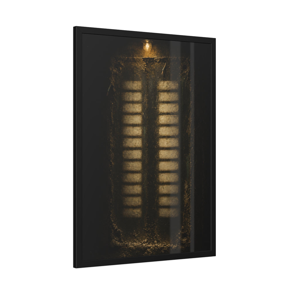 Two columns of blank name slots on a corroded intercom panel. Twenty-Four Pale Rectangles by Garabaggio, framed fine art print hanging in a room.
