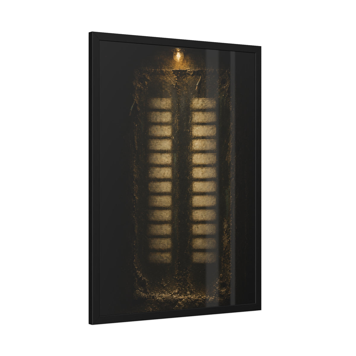 Two columns of blank name slots on a corroded intercom panel. Twenty-Four Pale Rectangles by Garabaggio, framed fine art print hanging in a room.