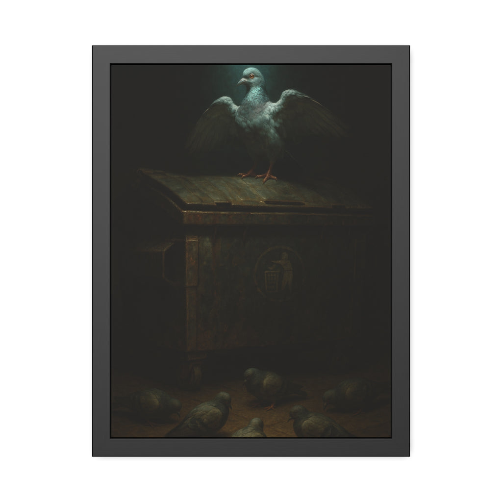 A pigeon with wings spread on a rusted dumpster lid. The Beatification of the Common Pigeon by Garabaggio, framed fine art print hanging in a room.