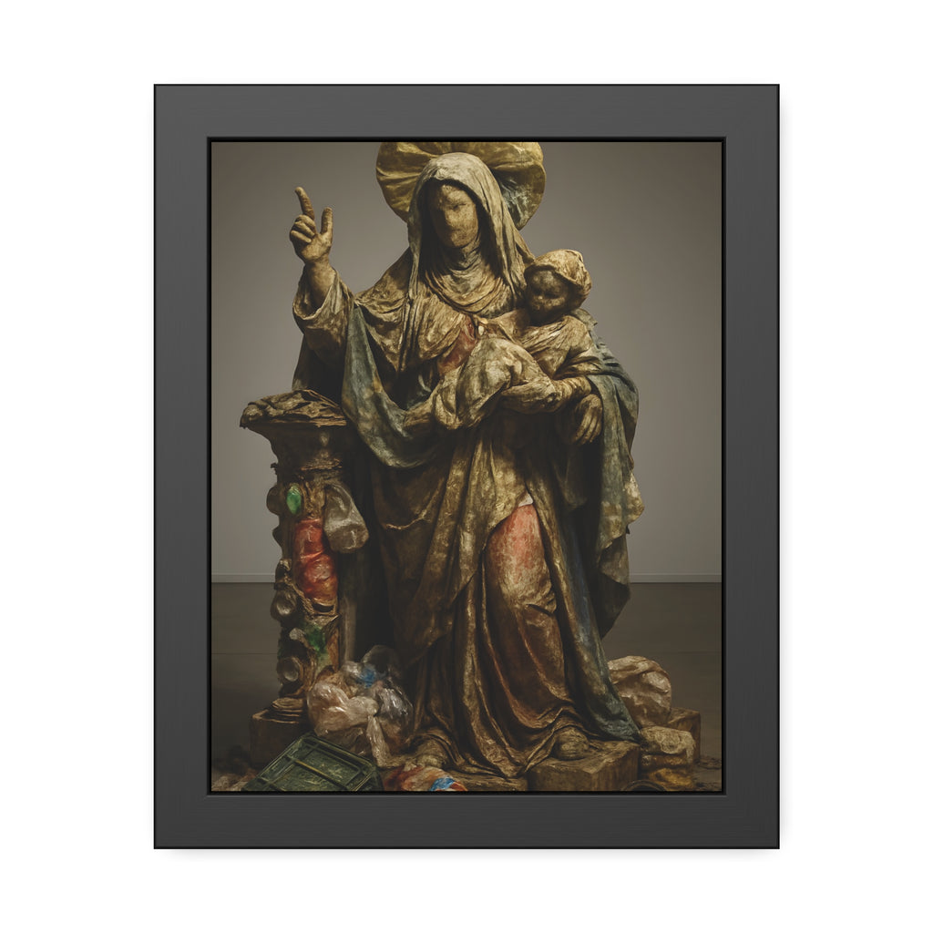 A standing veiled figure holding a child, refuse piled around the base. The Virgin of the Landfill by Garabaggio, framed fine art print, 11″ x 14″.
