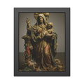 A standing veiled figure holding a child, refuse piled around the base. The Virgin of the Landfill by Garabaggio, framed fine art print, 11″ x 14″.