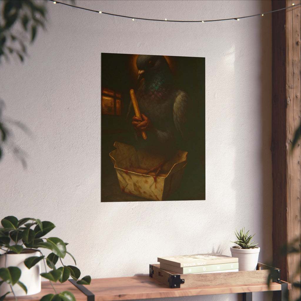 A haloed pigeon holding a french fry over a takeout carton in an alley. Madonna of the Pigeon with Fries by Garabaggio, fine art print hanging in a room.