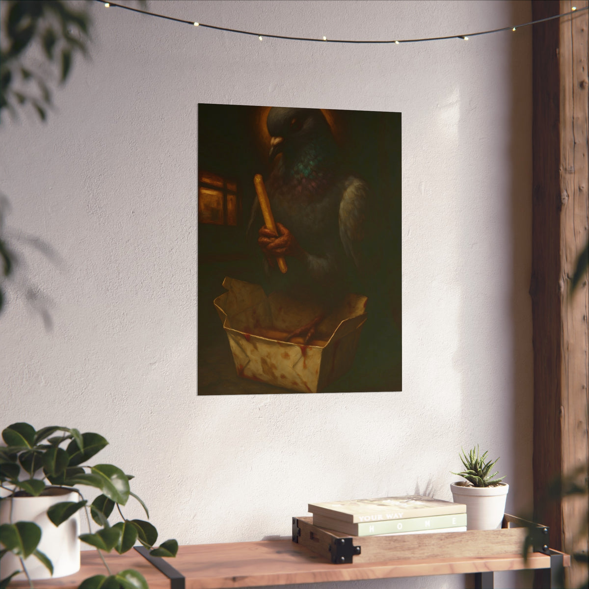 A haloed pigeon holding a french fry over a takeout carton in an alley. Madonna of the Pigeon with Fries by Garabaggio, fine art print hanging in a room.