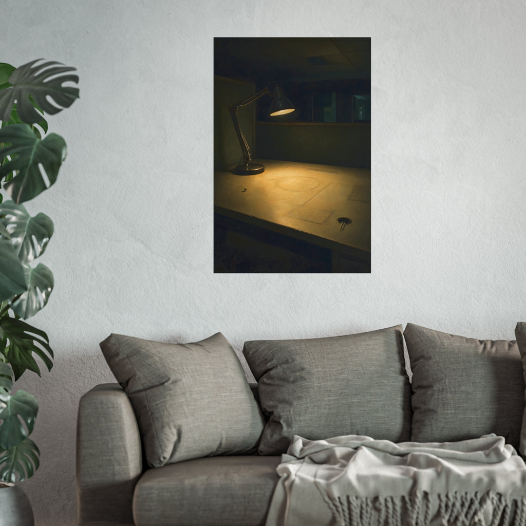 A lit desk lamp on an emptied office desk at night. The Desk Lamp Still Warm by Garabaggio, fine art print hanging in a room.