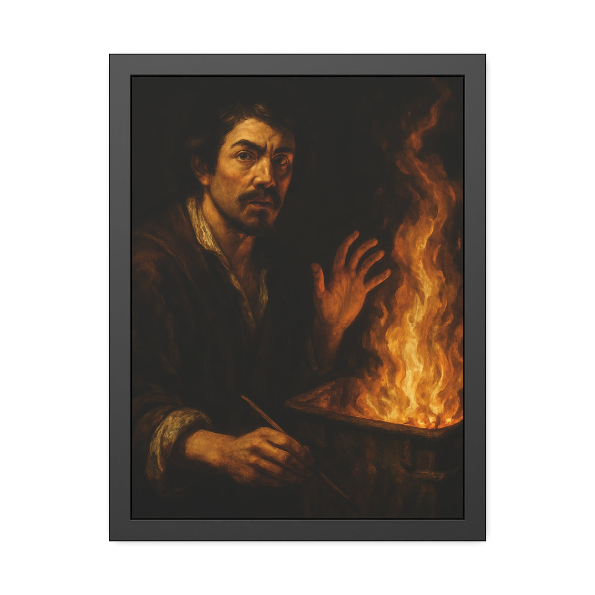 Man holding a paintbrush, his other hand raised beside tall flames. Self-Portrait with Brush and Flame by Garabaggio, framed fine art print hanging in a room.