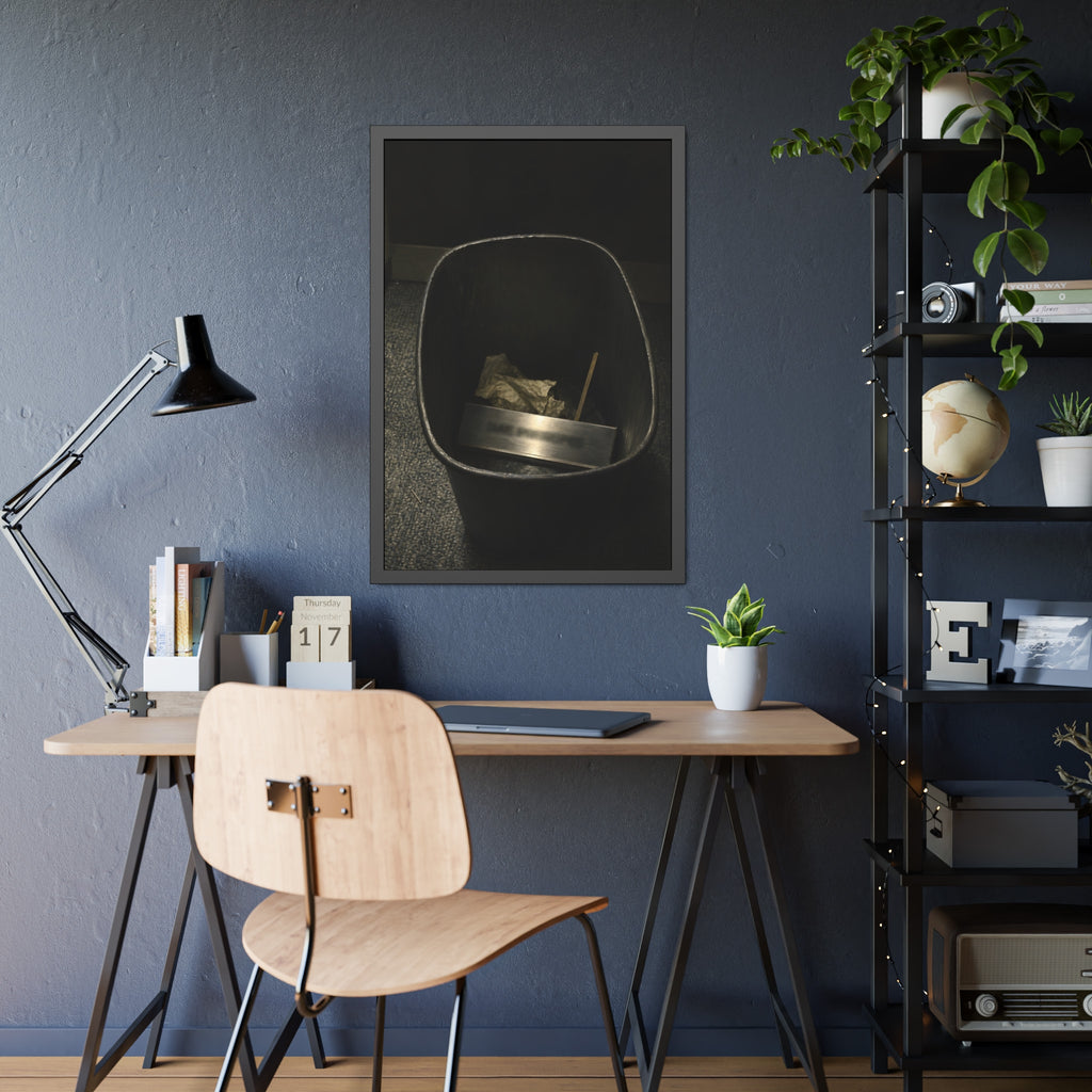 A metal nameplate lying in a black office waste bin on grey carpet. The Nameplate in the Waste Bin by Garabaggio, framed fine art print hanging in a room.