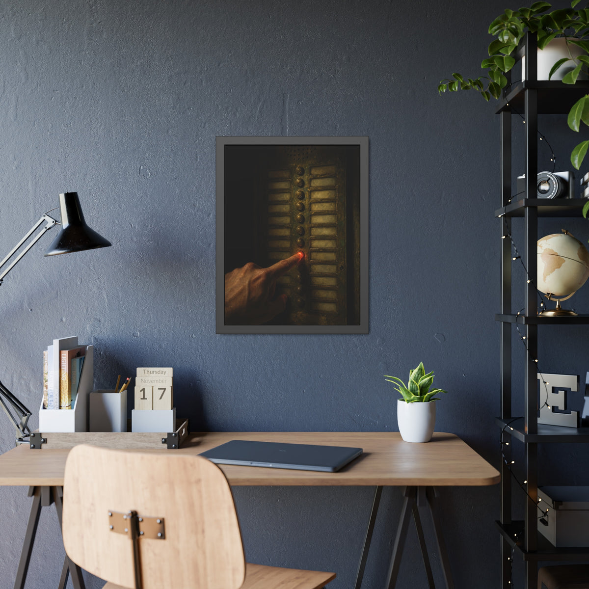 A hand pressing one glowing red button on a worn intercom panel. The Finger at Midnight by Garabaggio, framed fine art print hanging in a room.