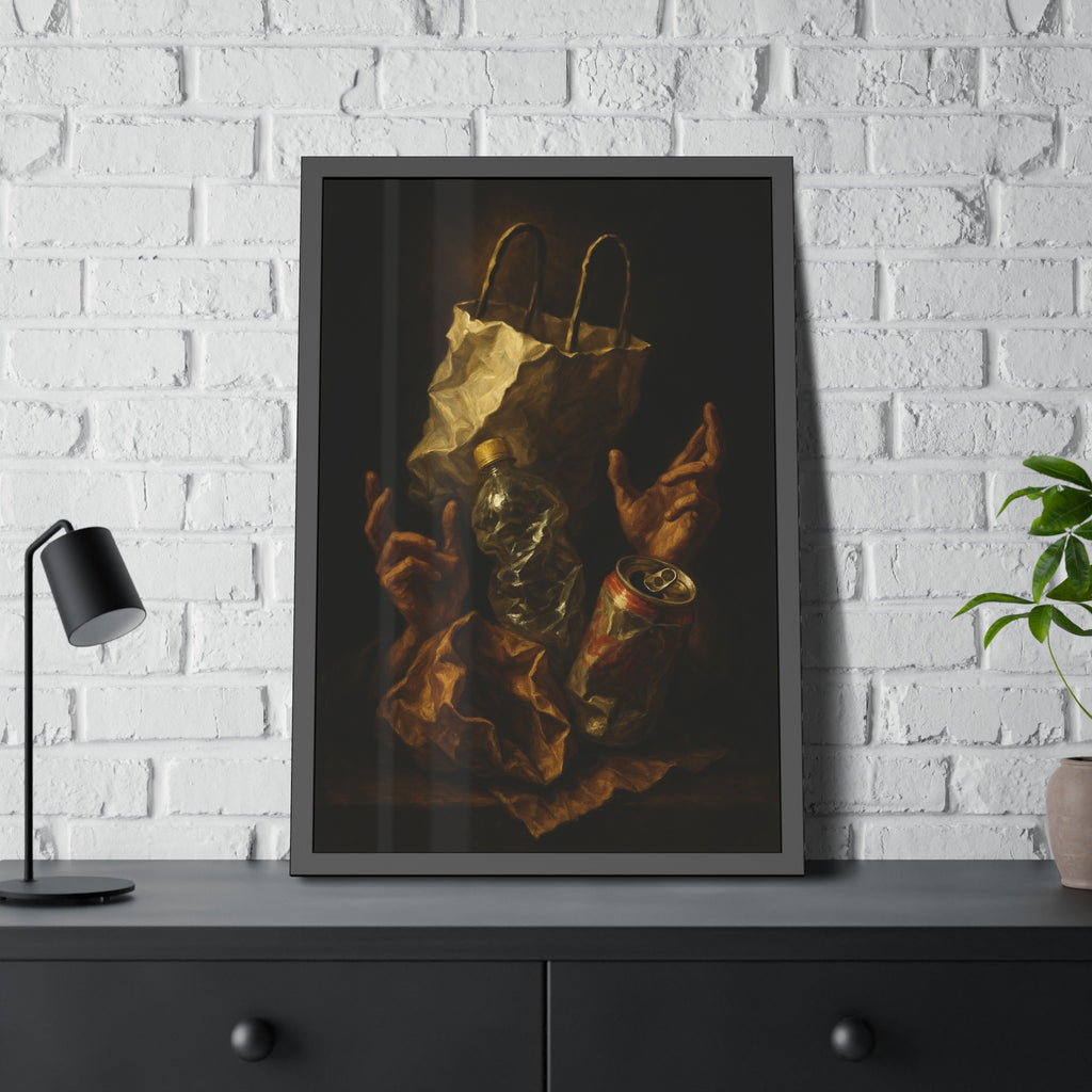 Two hands raised beside a paper bag, crushed bottle and dented can. The Assumption of the Discarded by Garabaggio, framed fine art print hanging in a room.