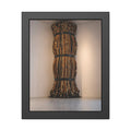 A tall column of bundled cords strapped in three places in a gallery corner. The Bundled Apse by Garabaggio, framed fine art print, 11″ x 14″.