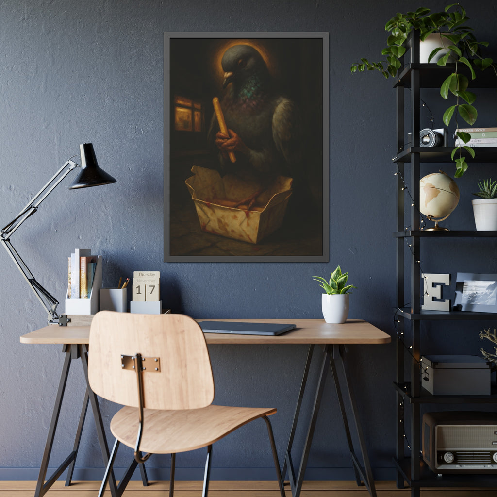A haloed pigeon holding a french fry over a takeout carton in an alley. Madonna of the Pigeon with Fries by Garabaggio, framed fine art print hanging in a room.