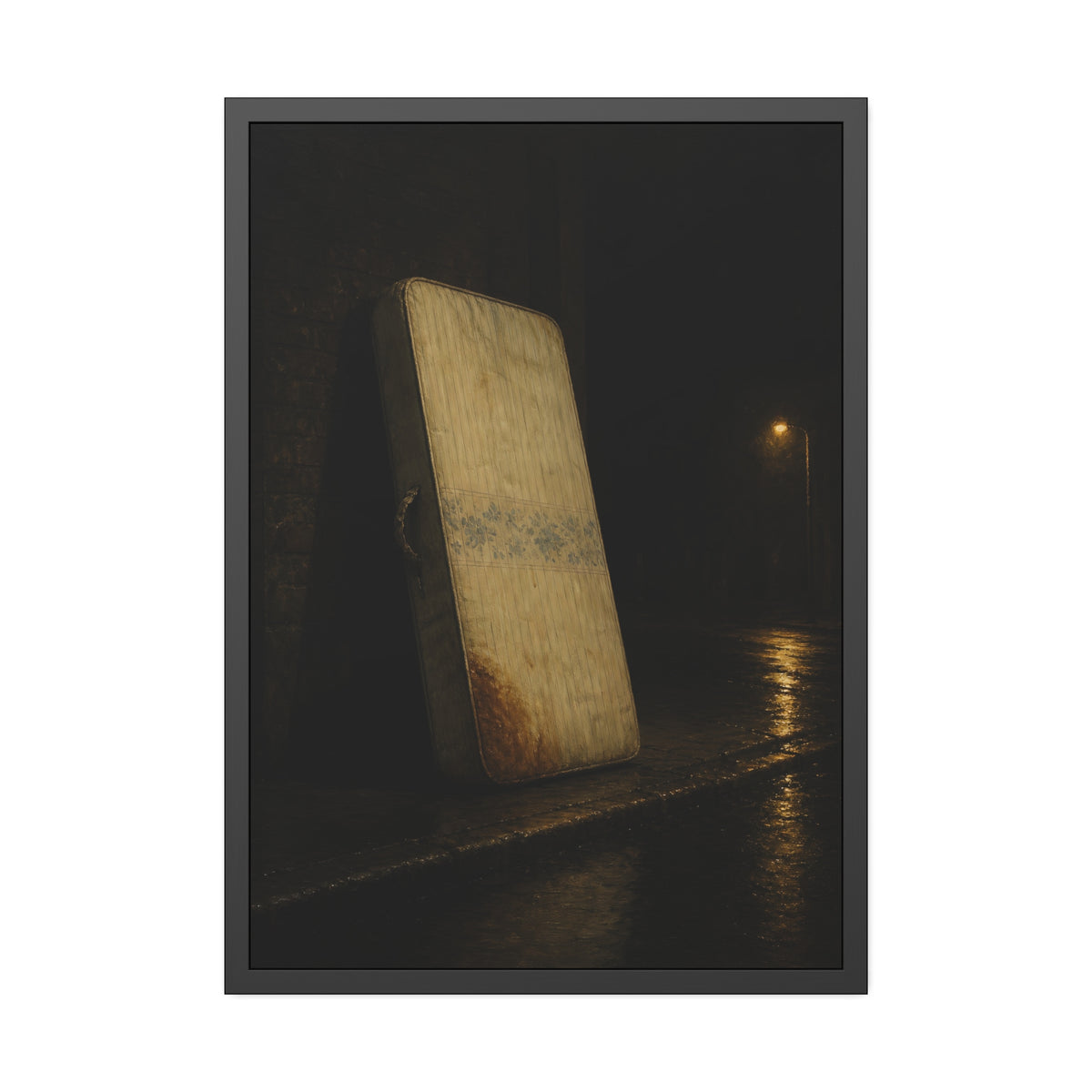 A stained mattress propped on a brick wall along a wet night street. The Presentation Against the Brick by Garabaggio, framed fine art print, 28″ x 40″.