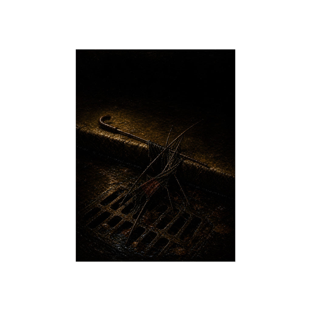 A broken umbrella collapsed across a storm drain grate at the curb. The Burial at the Storm Drain by Garabaggio, fine art print, 12″ x 16″.