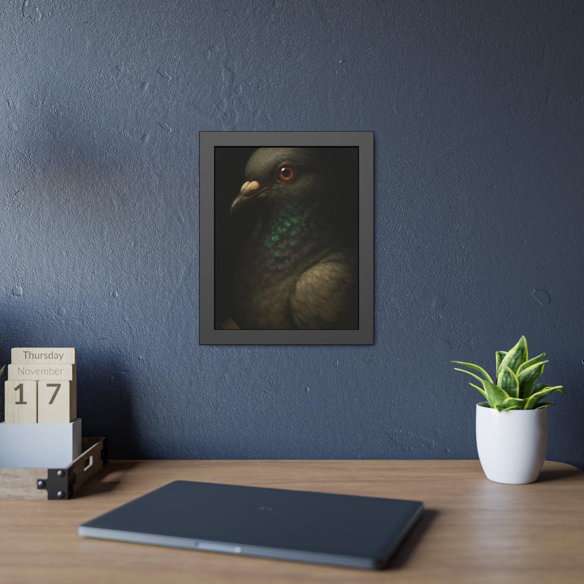 Close portrait of a pigeon with an iridescent green throat. Study of the Holy Messenger, No. 1 by Garabaggio, framed fine art print hanging in a room.