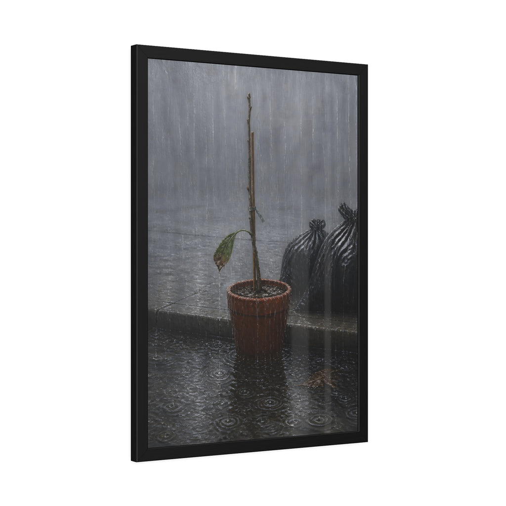 A bare stick in a clay pot on a curb in heavy rain beside trash bags. The Second Rain by Garabaggio, framed fine art print hanging in a room.