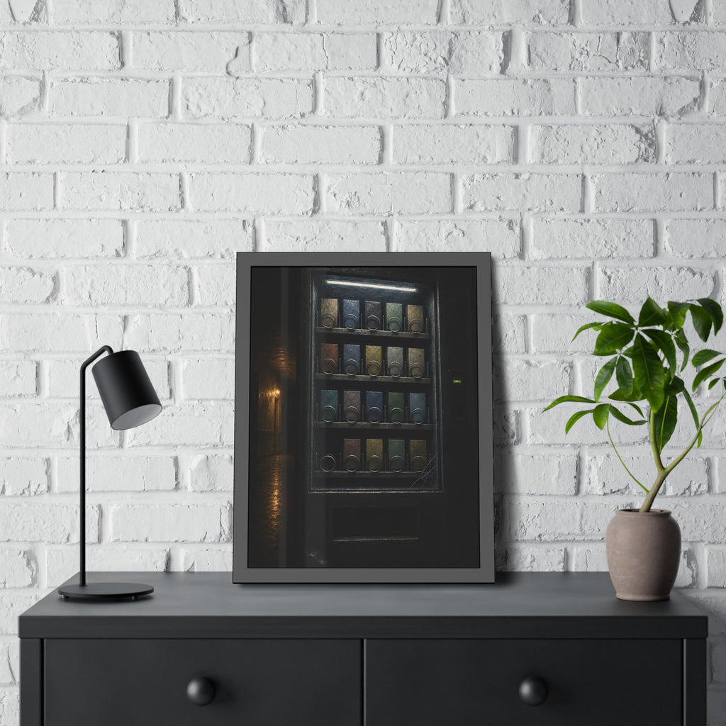 Rows of coils behind the lit glass of a vending machine in a dark hall. The First Empty Spiral by Garabaggio, framed fine art print hanging in a room.