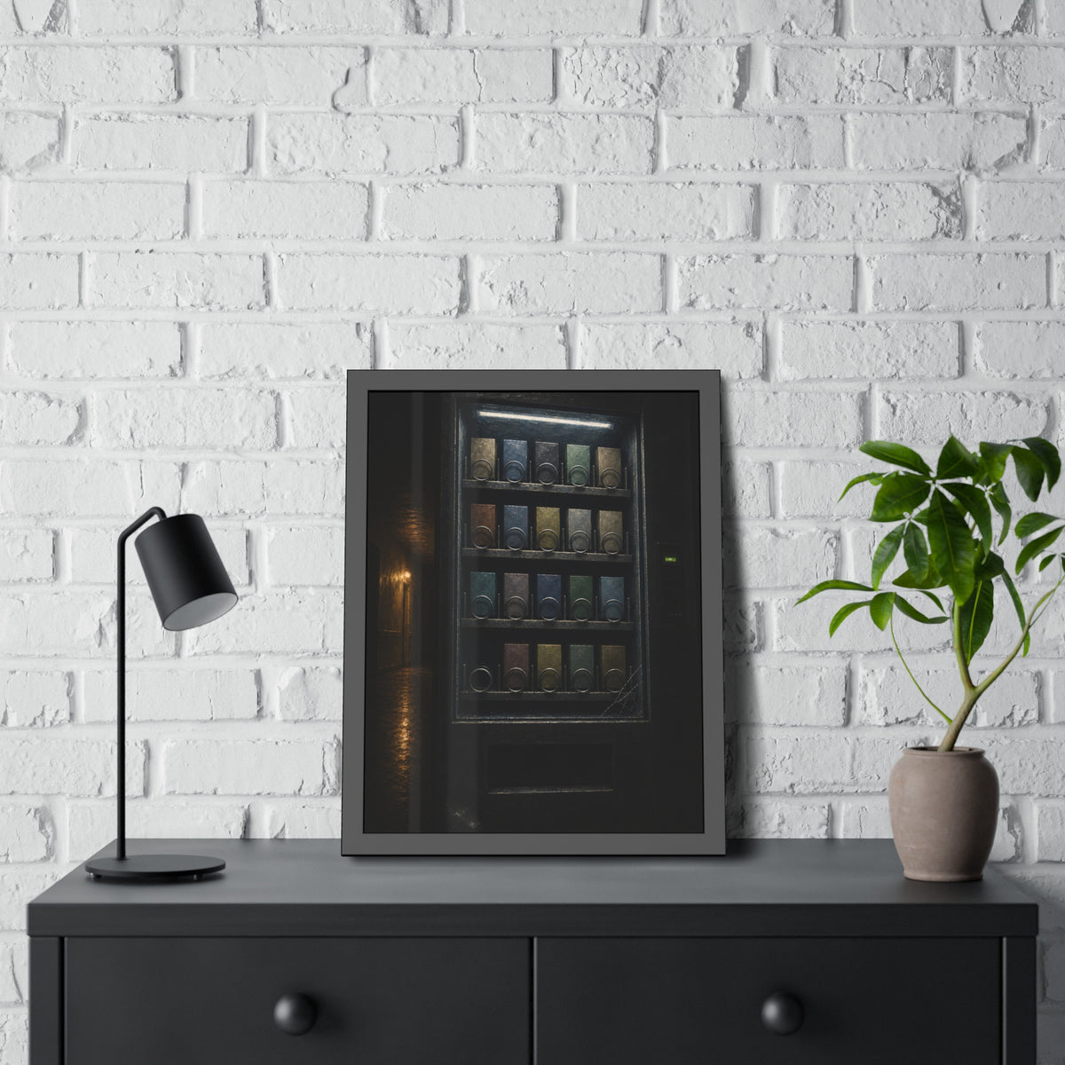 Rows of coils behind the lit glass of a vending machine in a dark hall. The First Empty Spiral by Garabaggio, framed fine art print hanging in a room.