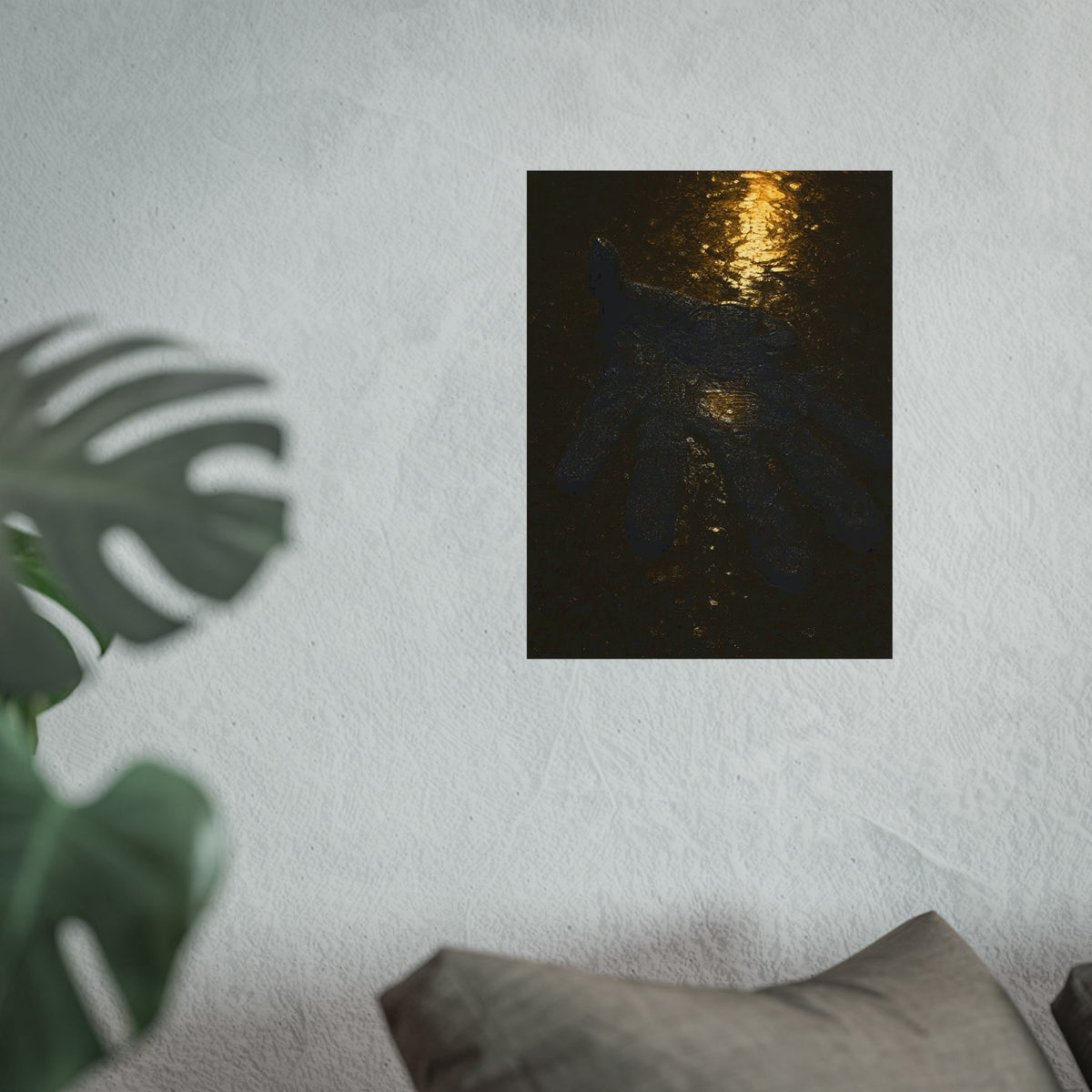 A flattened black glove pressed into wet asphalt beside a light streak. The Flattening, Study No. 1 by Garabaggio, fine art print hanging in a room.