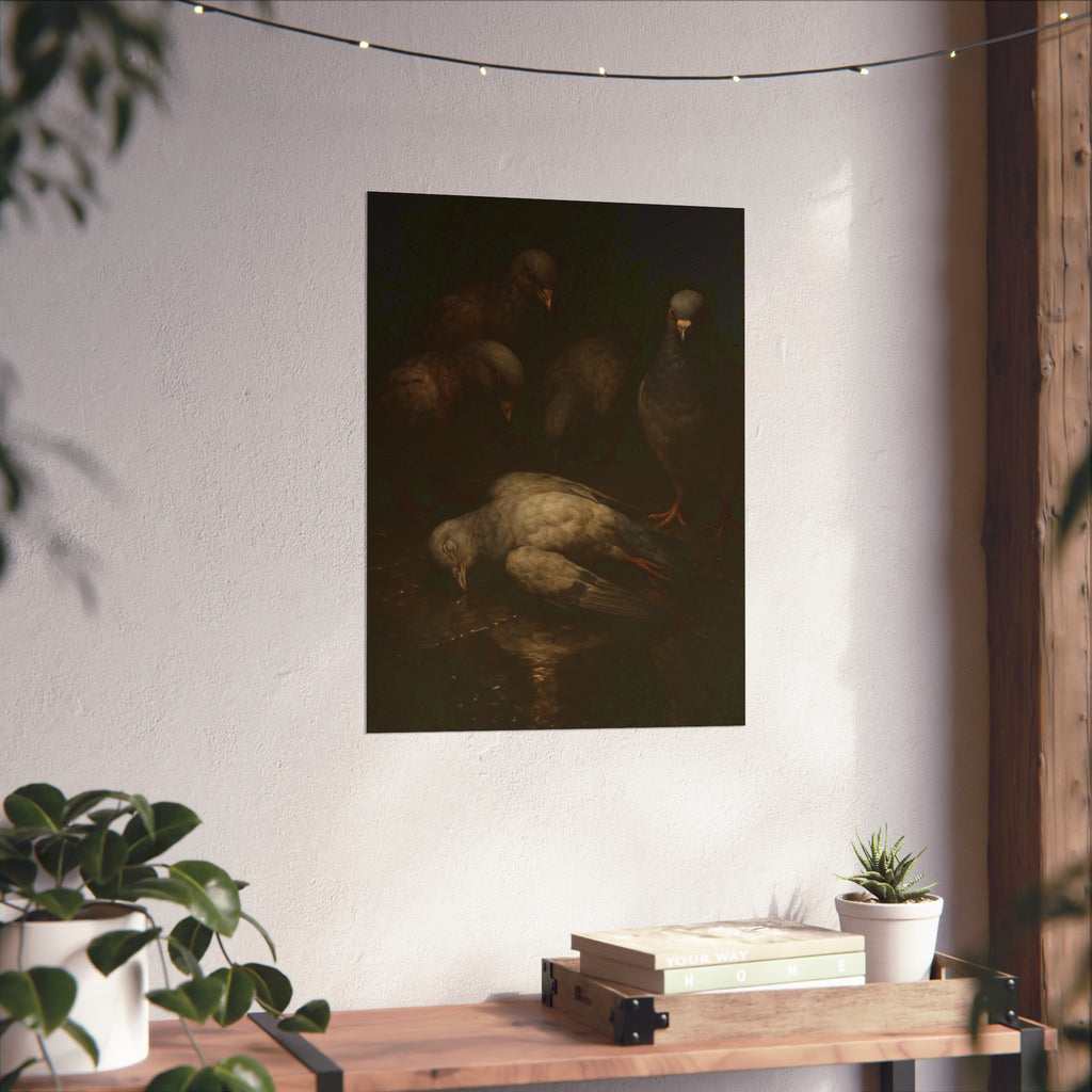 Four pigeons standing over a dead pigeon on wet pavement. The Lamentation by Garabaggio, fine art print hanging in a room.