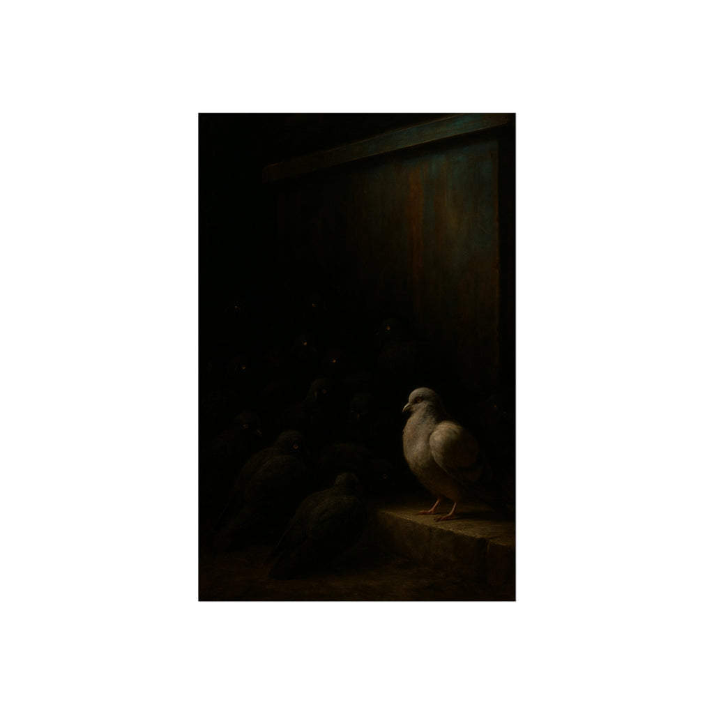 A pale pigeon on a ledge, a dark flock watching from the shadows behind. The Vigil Before the Ascension by Garabaggio, fine art print hanging in a room.