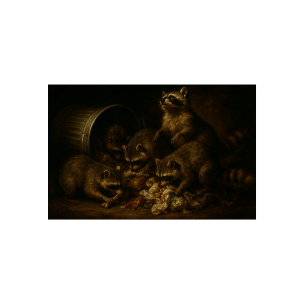 Five raccoons around a toppled metal trash can and spilled scraps. The Entombment of the Garbage by Garabaggio, fine art print hanging in a room.