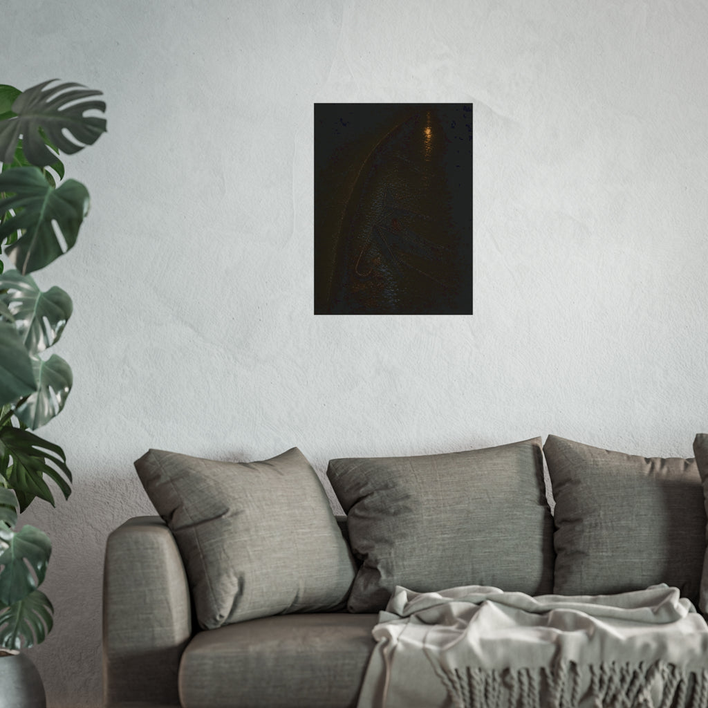 A collapsed umbrella in a dark wet gutter beside a curb, one distant light. The Procession in the Gutter by Garabaggio, fine art print hanging in a room.