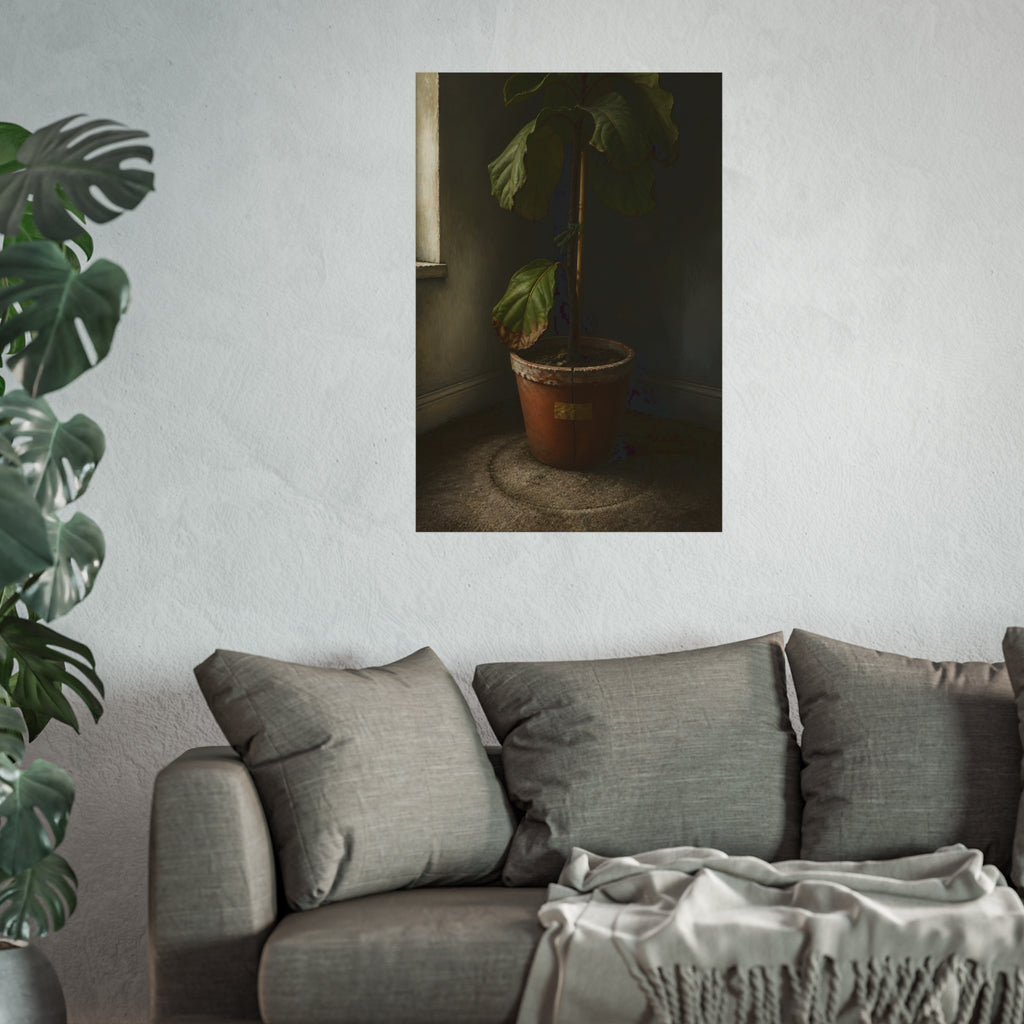 A leafy potted fig staked to a cane in a taped clay pot beside a window. The Corner by the Window by Garabaggio, fine art print hanging in a room.