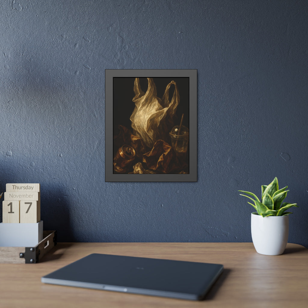 A plastic bag held open above a crushed can and a plastic cup with straw. The Apparition of the Bag by Garabaggio, framed fine art print hanging in a room.