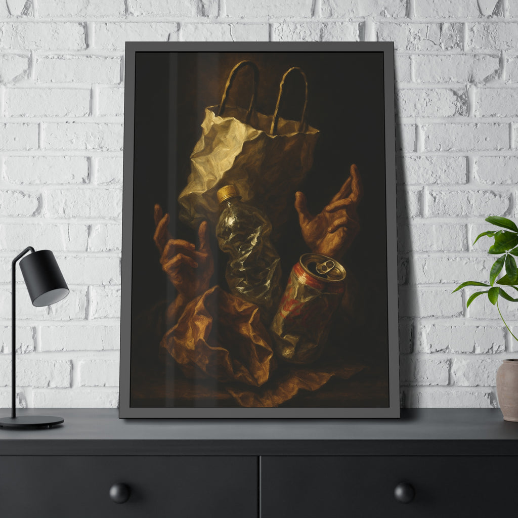 Two hands raised beside a paper bag, crushed bottle and dented can. The Assumption of the Discarded by Garabaggio, framed fine art print hanging in a room.