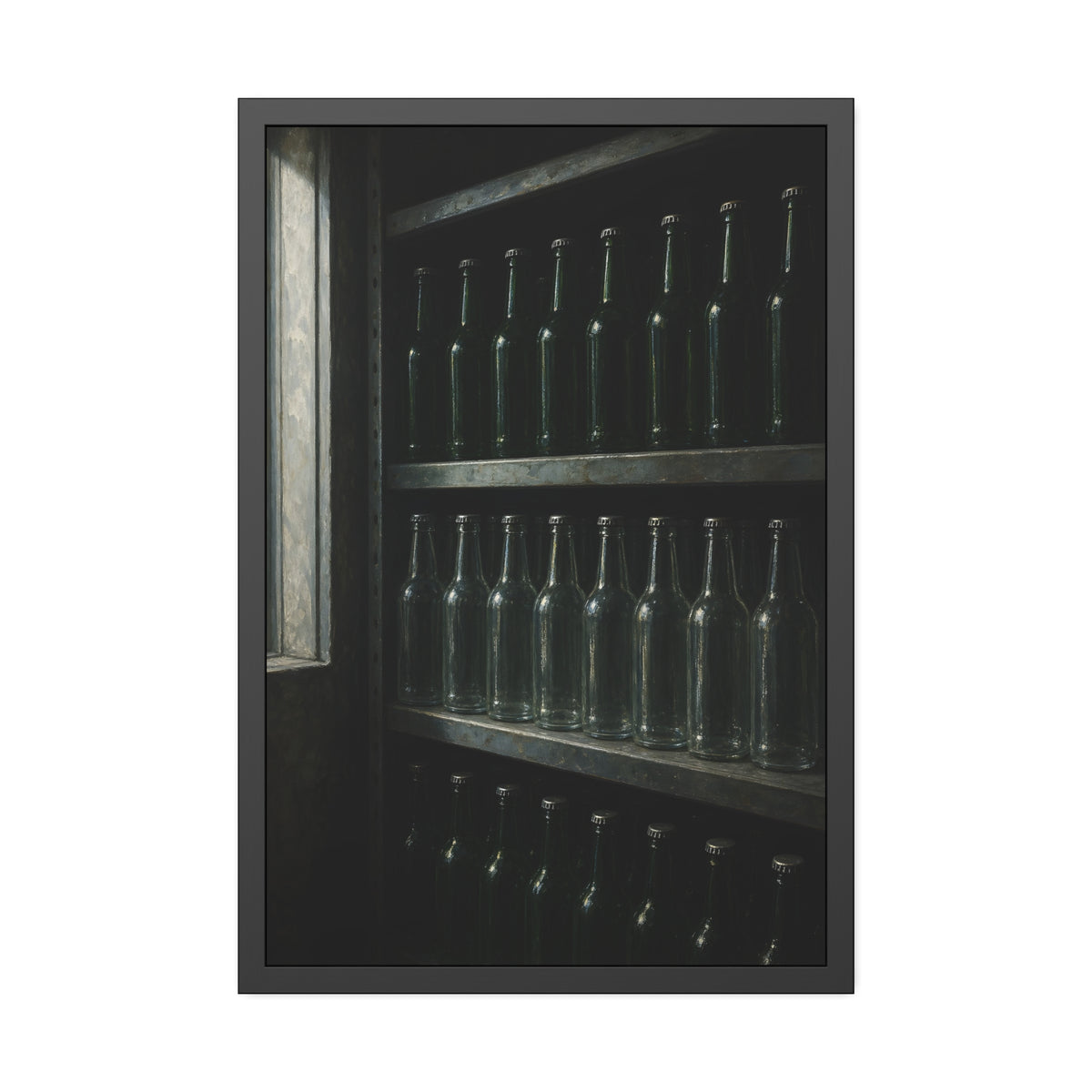 Rows of empty bottles on dim metal shelves, green above and clear below. The Shelf of New Bottles by Garabaggio, framed fine art print, 24″ x 36″.