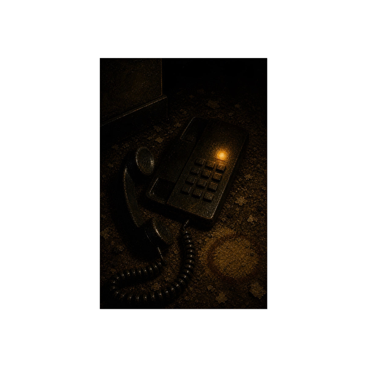 A desk phone with the handset off the hook and one amber light glowing. The Line Still Rings by Garabaggio, fine art print, 24″ x 36″.