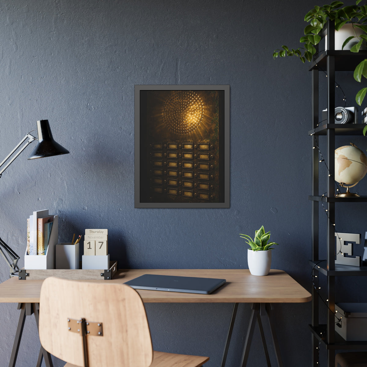 Light glowing through an intercom speaker grille above rows of buttons. Voice Through Perforations by Garabaggio, framed fine art print hanging in a room.