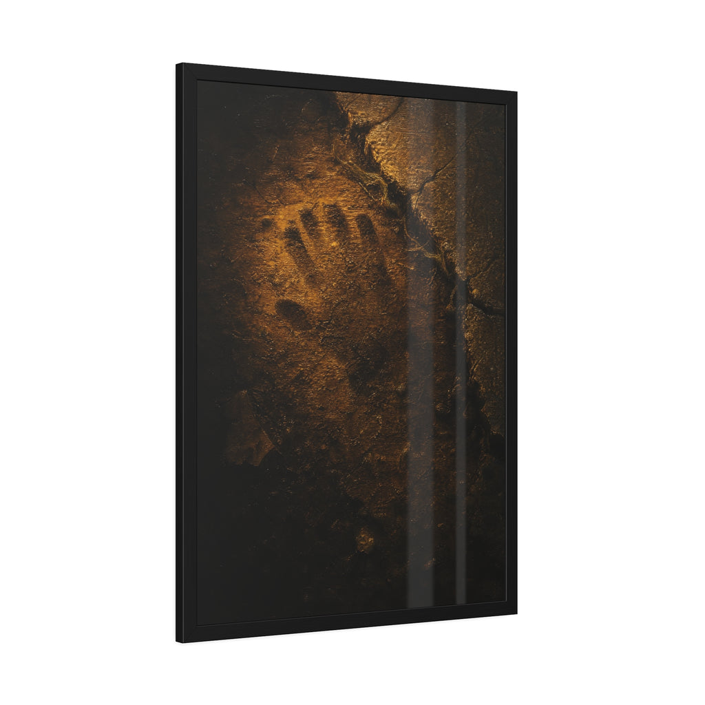 A glove shaped imprint left in cracked asphalt under warm light. The Assumption, or: What Remains by Garabaggio, framed fine art print hanging in a room.