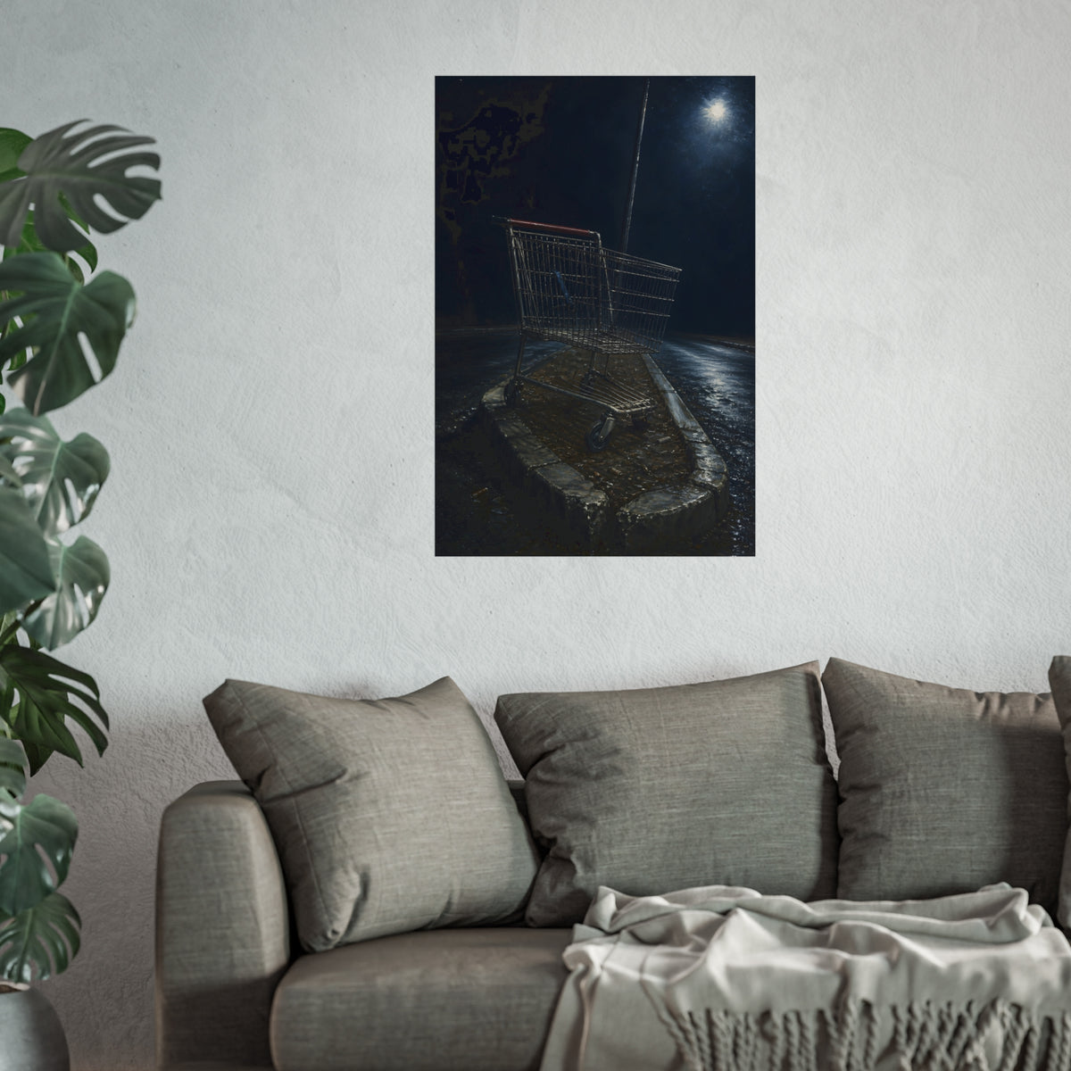 A shopping cart stranded on a stone median under a streetlight. The Crossing of the Median by Garabaggio, fine art print hanging in a room.