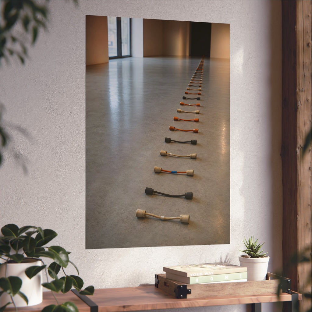 A long line of cut extension cord ends laid across a pale gallery floor. The Severed Procession by Garabaggio, fine art print hanging in a room.