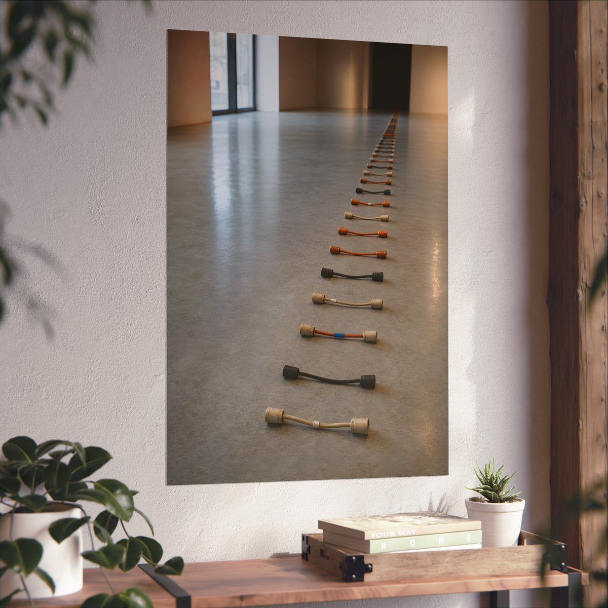 A long line of cut extension cord ends laid across a pale gallery floor. The Severed Procession by Garabaggio, fine art print hanging in a room.
