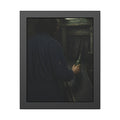 A man in coveralls sets a green bottle on a conveyor under a strip light. Garabaggio at the Conveyor by Garabaggio, framed fine art print, 11″ x 14″.