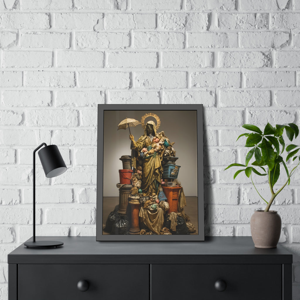 Robed figure with a halo and umbrella rising from trash bags and crates. Our Lady of Perpetual Shelter by Garabaggio, framed fine art print hanging in a room.
