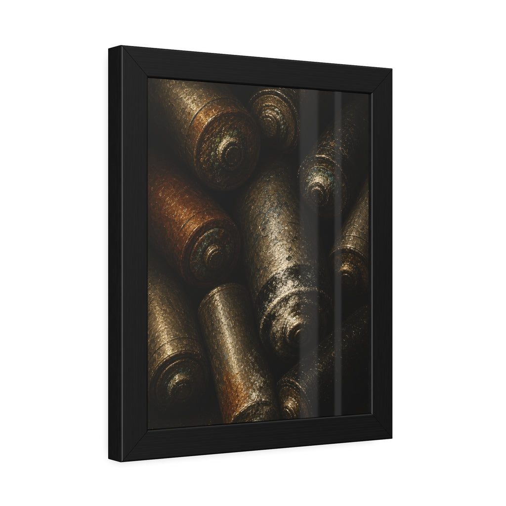 Heap of corroded batteries filling the frame in dim raking light. Chorus of Corrosion by Garabaggio, framed fine art print hanging in a room.