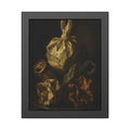 Knotted plastic bag on a plate with crumpled wrappers and a crushed can. Communion of the Knotted Bag by Garabaggio, framed fine art print, 11″ x 14″.
