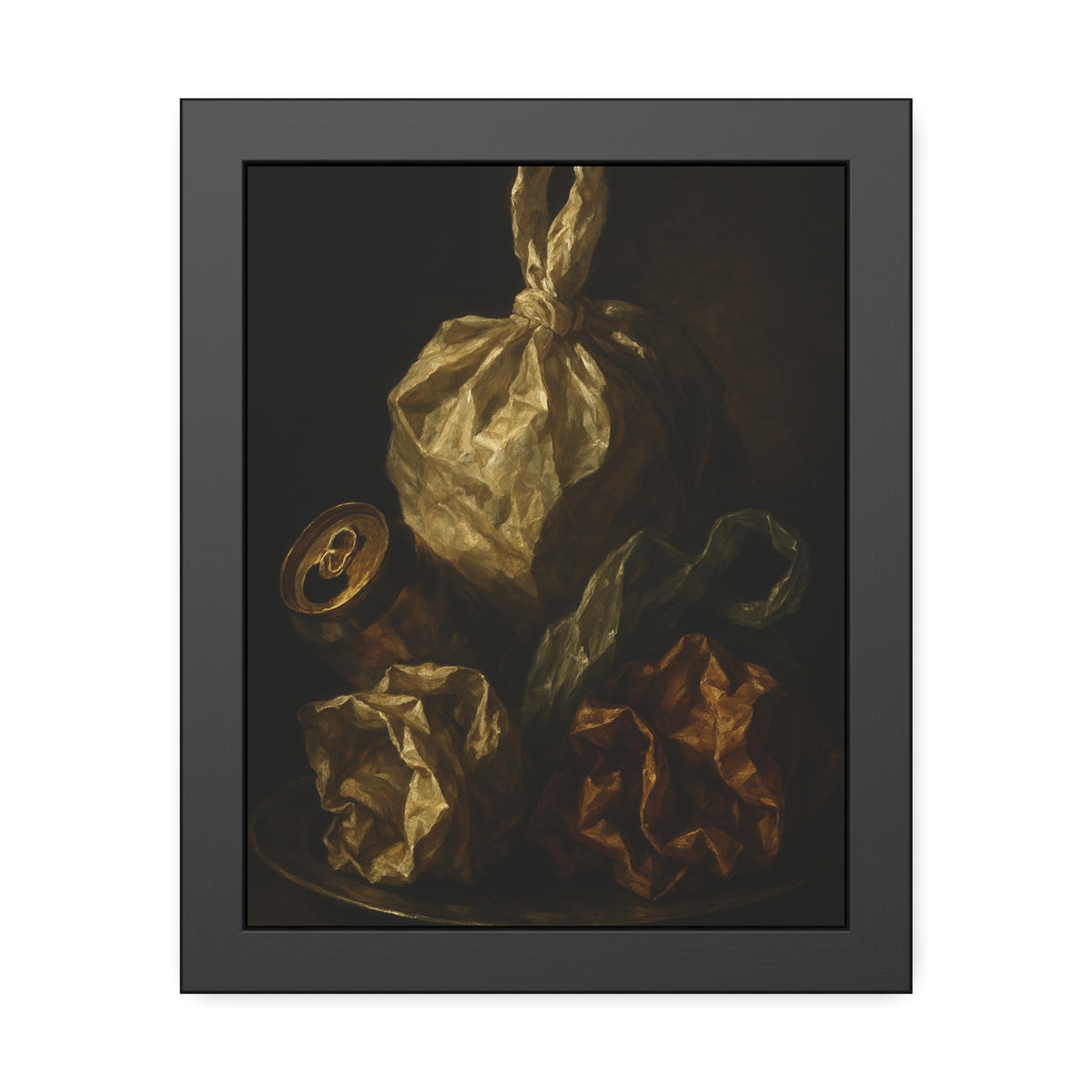 Knotted plastic bag on a plate with crumpled wrappers and a crushed can. Communion of the Knotted Bag by Garabaggio, framed fine art print, 11″ x 14″.