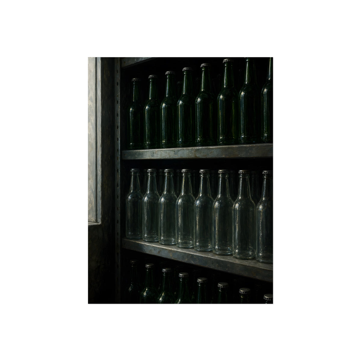 Rows of empty bottles on dim metal shelves, green above and clear below. The Shelf of New Bottles by Garabaggio, fine art print, 12″ x 16″.