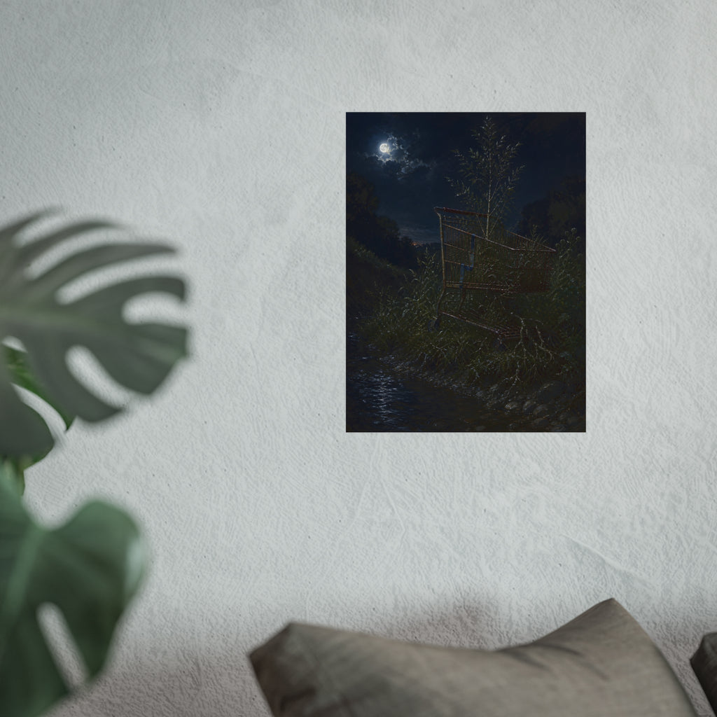 A shopping cart in creekside weeds with a sapling growing up through it. The Cart Grown Through by Garabaggio, fine art print hanging in a room.