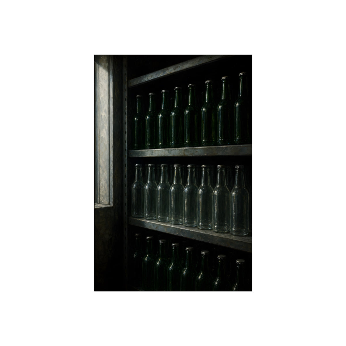 Rows of empty bottles on dim metal shelves, green above and clear below. The Shelf of New Bottles by Garabaggio, fine art print, 24″ x 36″.
